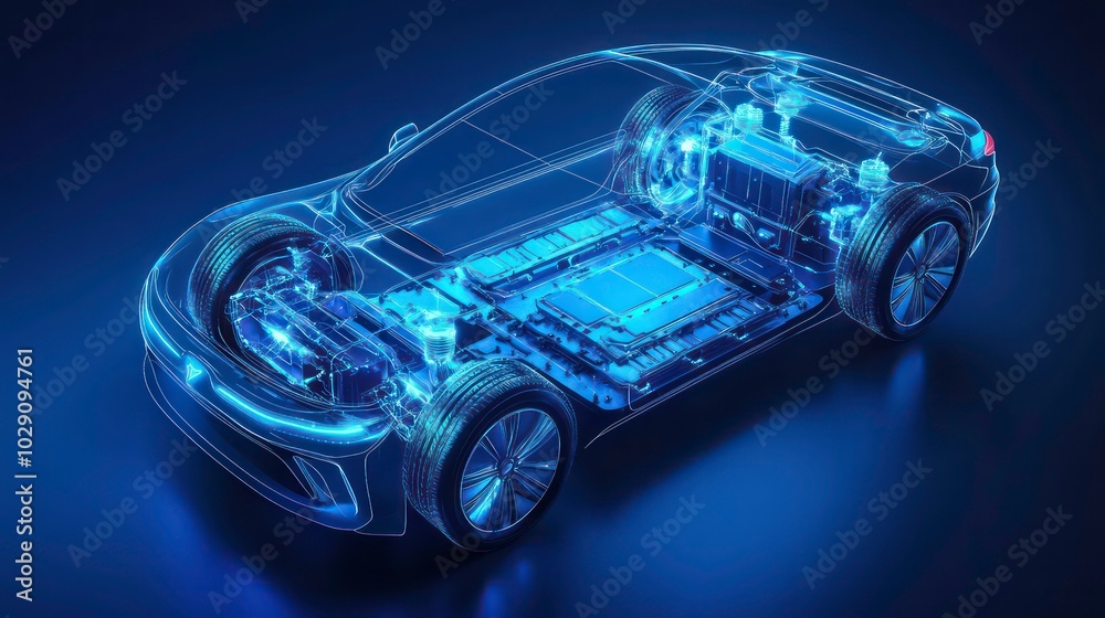 Naklejka premium A 3D rendering of an electric car, with the car's interior exposed to show the battery and other components.