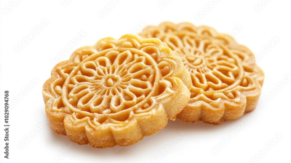 Chinese New Year almond cookies with intricate designs, golden and crispy, isolated on white background Chinese New Year almond cookies with intricate designs, golden and crispy, isolated on white background