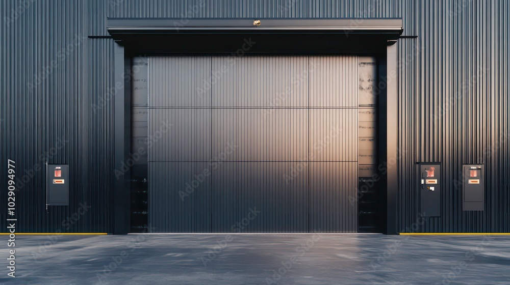 A large metal garage door on a black corrugated metal building. A large metal garage door on a black corrugated metal building.