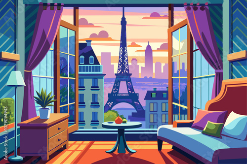 Eiffel Tower view of Paris from the hotel room window