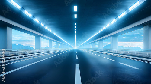 Abstract blue and white light trails create a futuristic road in a dark tunnel.