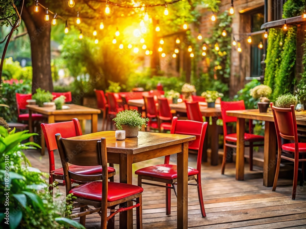 Fototapeta premium Outdoor Restaurant with Red Chairs and Wooden Table - Cozy Dining Experience