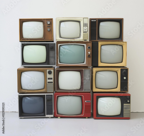 Stacked vintage wooden TV boxes with empty screen isolated on transparent PNG or white background. Retro antique portable television concept. 