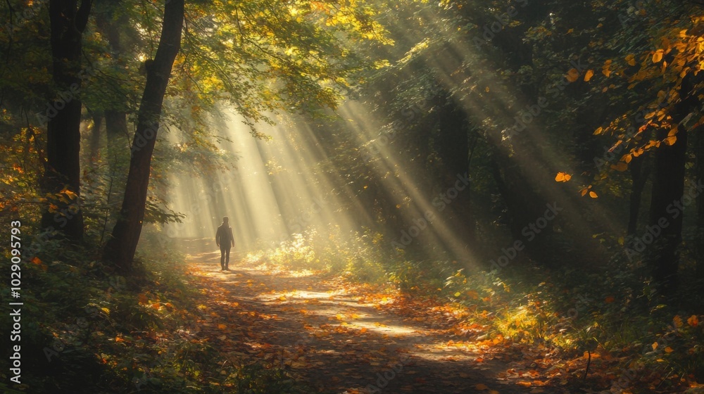 Golden rays of sunlight stream through the trees, illuminating a tranquil forest path where a solitary figure strolls amidst fallen leaves and vibrant autumn colors, creating a serene atmosphere. Golden rays of sunlight stream through the trees, illuminating a tranquil forest path where a solitary figure strolls amidst fallen leaves and vibrant autumn colors, creating a serene atmosphere.