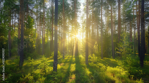 Beautiful forest landscape with sun rays through trees in the pine and spruce woodlands at sunrise or sunset.