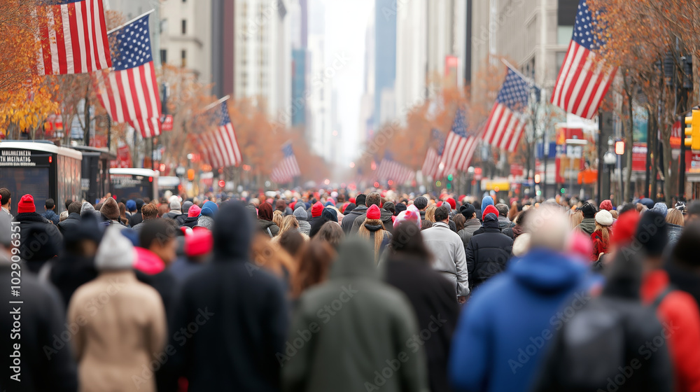 A large crowd of people walking through a city street decorated with American flags, capturing the busy and patriotic atmosphere of a national event or holiday parade. A large crowd of people walking through a city street decorated with American flags, capturing the busy and patriotic atmosphere of a national event or holiday parade.