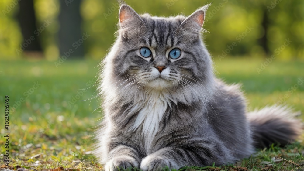 Blue siberian cat in the park Blue siberian cat in the park