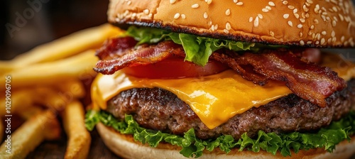 Juicy Bacon Cheeseburger with Fries for Print, Card, Poster Designs