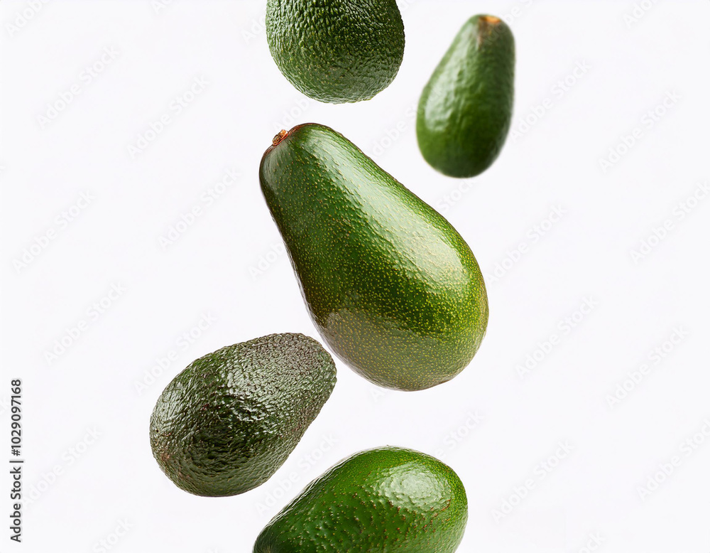 Flat lay composition with ripe avocados and leaves on white background, space for text Flat lay composition with ripe avocados and leaves on white background, space for text