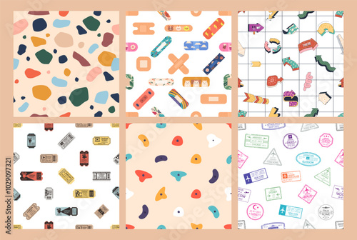 Collection Of Patterns Featuring Geometric Shapes, Bandages, Travel Stamps, And Tickets, Illustrates A Unique Theme