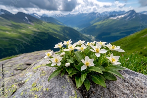 A cluster of white Hornungia Alpina flowers blooming in the cracks of a mountain rock, their small delicate petals standing out against the rugged alpine terrain photo