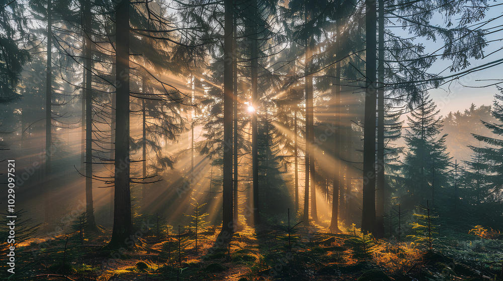 Beautiful forest landscape with sun rays through trees in the pine and spruce woodlands at sunrise or sunset. Beautiful forest landscape with sun rays through trees in the pine and spruce woodlands at sunrise or sunset.