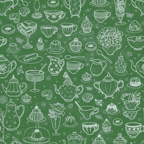 Seamless pattern of white hand-drawn teapots, cups, desserts, and flowers. Breakfast doodles on a green blackboard background
