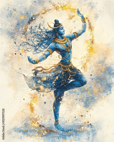 Wallpaper Mural A tranquil watercolor of Lord Shiva performing the cosmic dance (Nataraja), with delicate gold and blue tones radiating from his movements, blending into a glowing cosmic background Torontodigital.ca