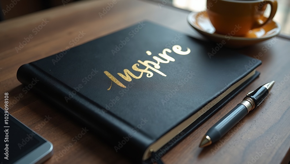 Stylish black notebook with Inspire in gold open on desk with pen coffee for brainstorming Stylish black notebook with Inspire in gold open on desk with pen coffee for brainstorming