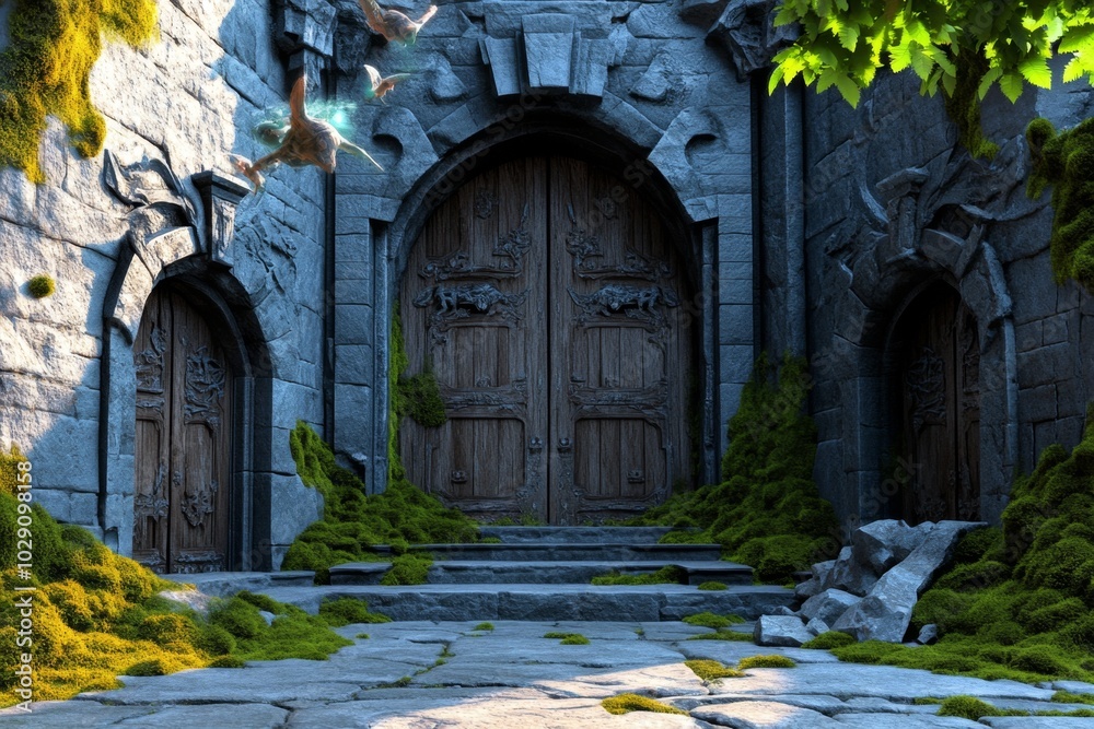 A crumbling, ancient castle in a fantasy world, with moss-covered stone