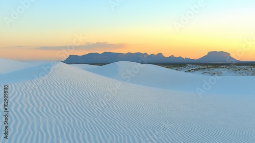 Stunning Sunset Over Serene White Sands National Monument: Captivating Dunes and Mountains in New Mexico's Iconic Landscape photo