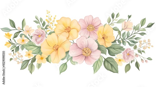 Watercolor Floral Arrangement with Yellow and Pink Flowers and Greenery