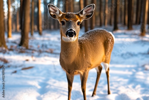 Wallpaper Mural A deer standing in a snowy forest clearing, with frost clinging to its fur and the cold winter air surrounding it, creating a serene and quiet winter scene Torontodigital.ca