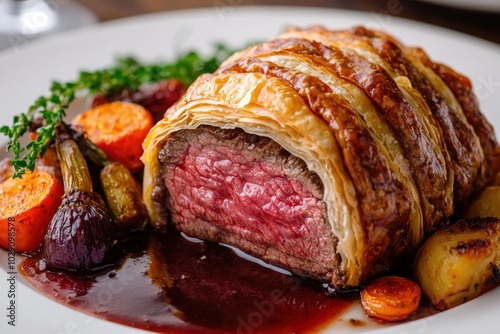 Gourmet Beef Wellington with Rich Red Wine Sauce and Roasted Vegetables photo