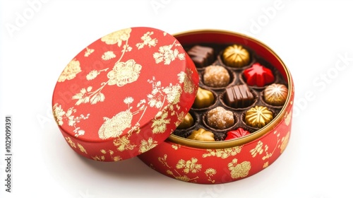 Chinese New Year red and gold candy assortment in a decorative box, isolated on white background