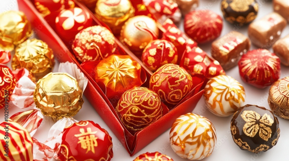 Chinese New Year red and gold candy assortment in a decorative box, isolated on white background Chinese New Year red and gold candy assortment in a decorative box, isolated on white background