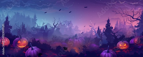 Fantasy illustration, Halloween night, pumpkins, dark trees, fog, purple theme, large top left copy space, detailed vector art.