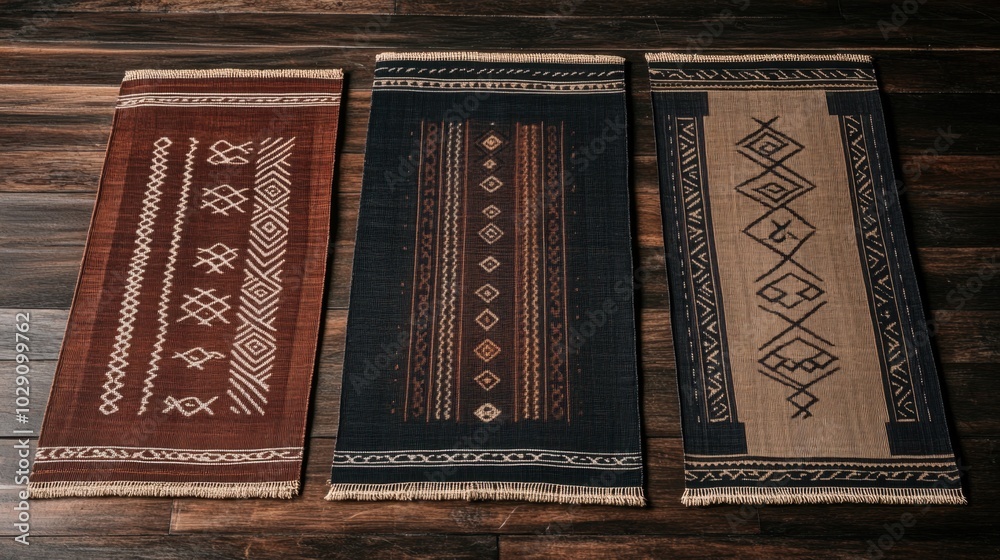 Fototapeta premium Ethnic Geometric Rugs on Wooden Floor Brown Black Beige Pattern Woven Textile
