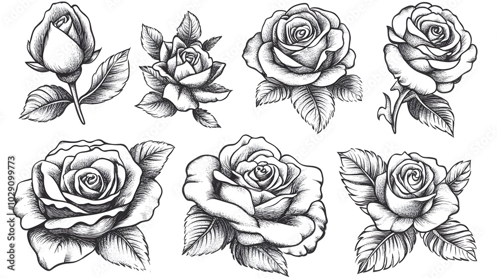 Hand Drawn Rose Flowers Set Black and White Illustration Hand Drawn Rose Flowers Set Black and White Illustration
