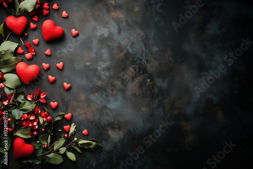 Marble dark background with red hearts, leaves and roses. The concept of Valentine Day, 14th February, postcard, top view, horizontal photo