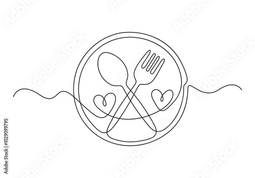 Plate, spoon and fork continuous one line drawing. Decoration for café or kitchen, restaurant or menu. Cutlery vector illustration