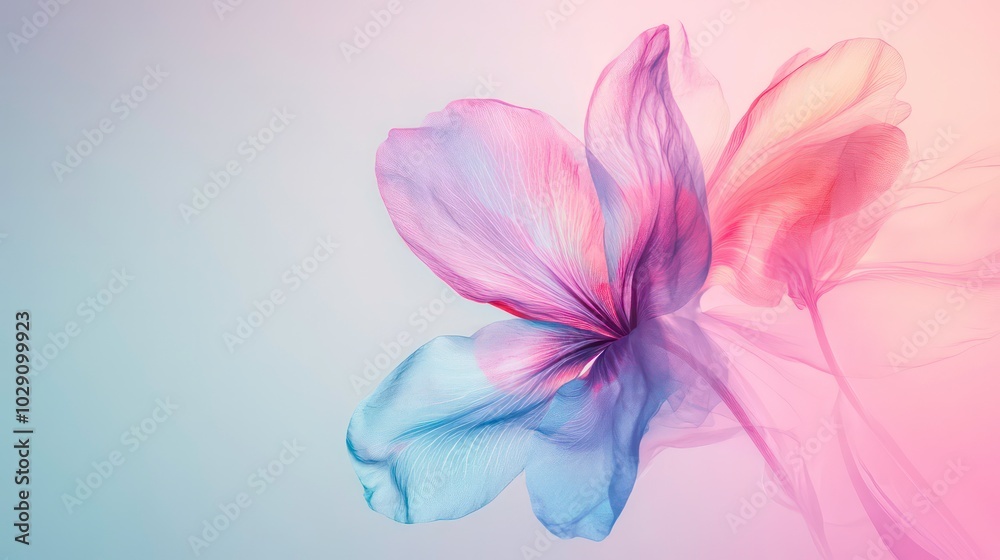 Fototapeta premium A delicate, abstract flower with translucent petals in shades of pink, blue, and yellow on a soft, gradient background.