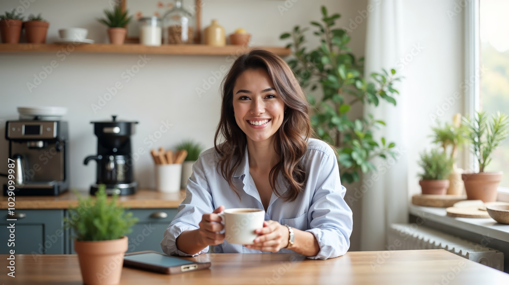 Smiling woman sitting in a cozy kitchen, enjoying a cup of coffee, surrounded by plants and a homely atmosphere. Woman Enjoying Coffee in Cozy Kitchen. Relaxed Lifestyle at Home Smiling woman sitting in a cozy kitchen, enjoying a cup of coffee, surrounded by plants and a homely atmosphere. Woman Enjoying Coffee in Cozy Kitchen. Relaxed Lifestyle at Home