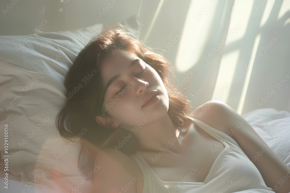beautiful woman sleeping in bed, wearing a white tank top with white sheets, sunlight shining on her face giving her a happy and peaceful expression beautiful woman sleeping in bed, wearing a white tank top with white sheets, sunlight shining on her face giving her a happy and peaceful expression