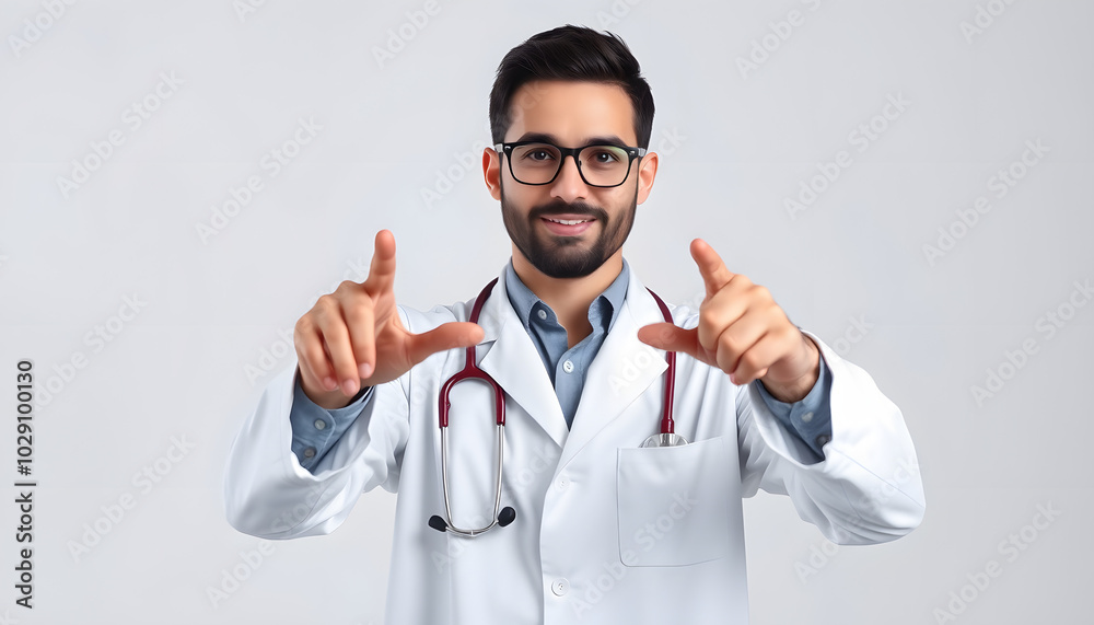 Young doctor man wearing hospital coat over isolated background Pointing to both sides with fingers, different direction disagree isolated with white highlights, png Young doctor man wearing hospital coat over isolated background Pointing to both sides with fingers, different direction disagree isolated with white highlights, png