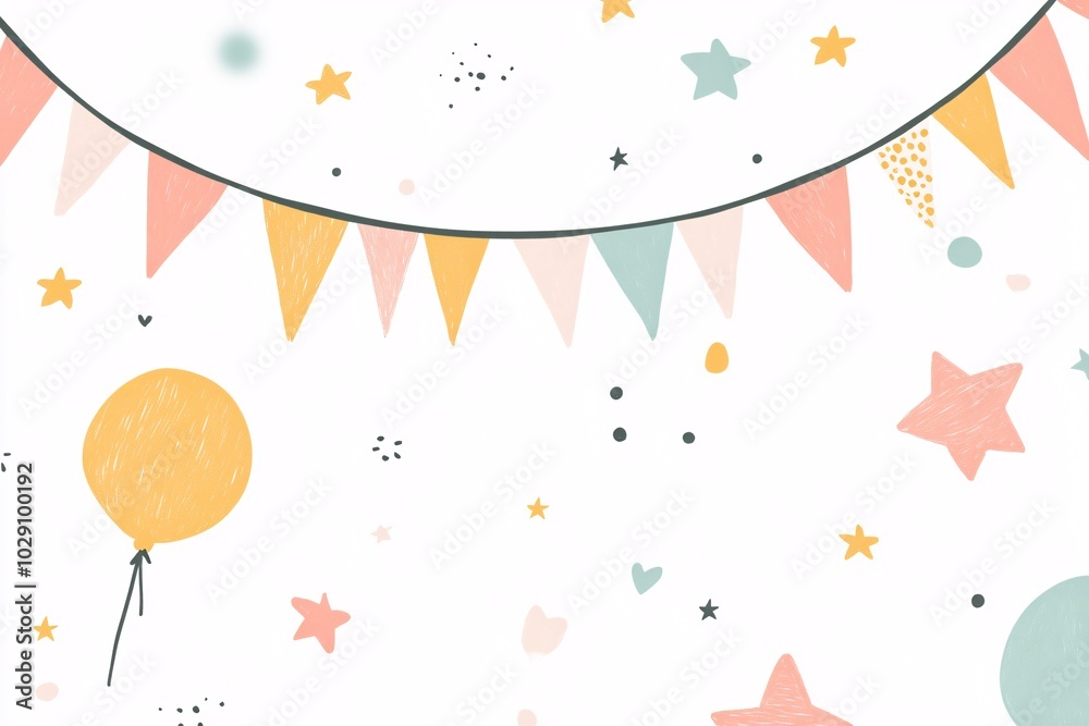 Naklejka premium A banner with stars and balloons is hanging from the ceiling