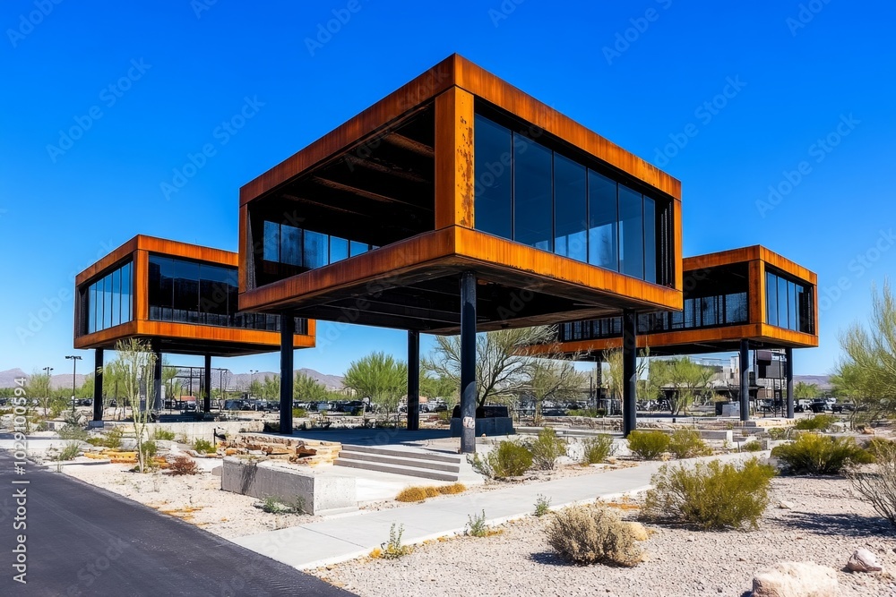A futuristic abandoned city with rusted metal structures, where sleek, once-advanced metal buildings have begun to corrode, creating a haunting mix of futuristic and decayed aesthetics