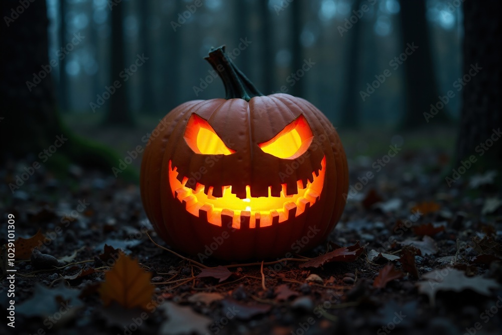 Scary looking pumpkin in woods, dark grim theme Scary looking pumpkin in woods, dark grim theme