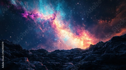 A vibrant nebula fills the night sky above a rocky mountain range.