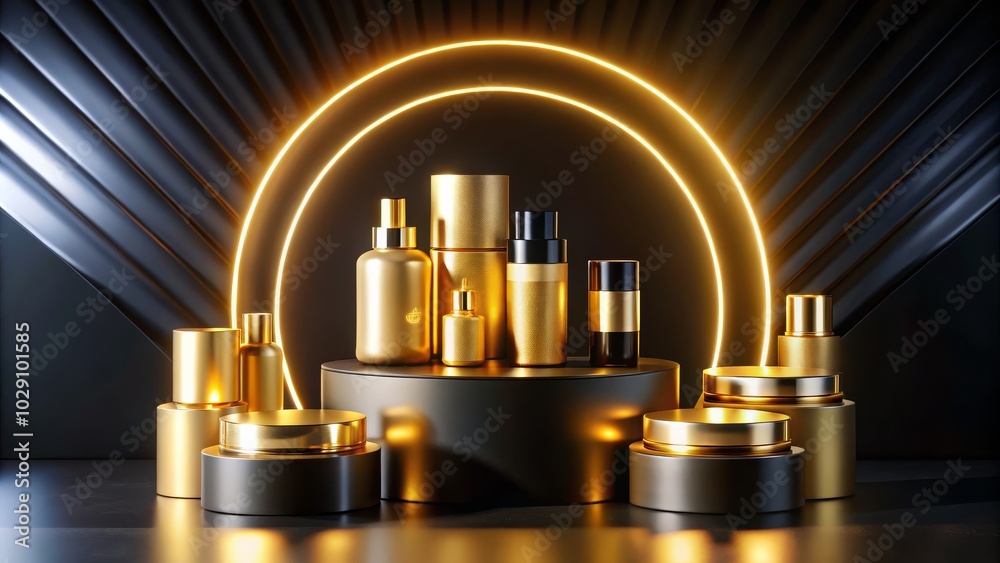 3D gold and black podium background featuring a luxurious golden product display on a dark platform with wave elements. 3D gold and black podium background featuring a luxurious golden product display on a dark platform with wave elements.