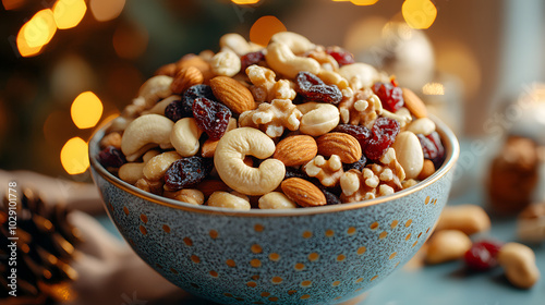 "Close-Up of Mixed Nuts and Dried Fruits in Soft Lighting"