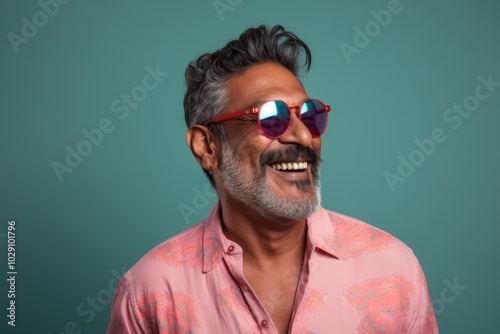 Portrait of a merry indian man in his 50s wearing a trendy sunglasses in front of pastel gray background