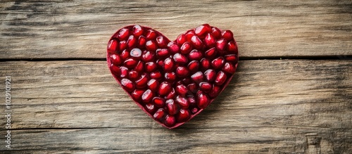Heart-shaped pomegranate seeds on a wooden background.