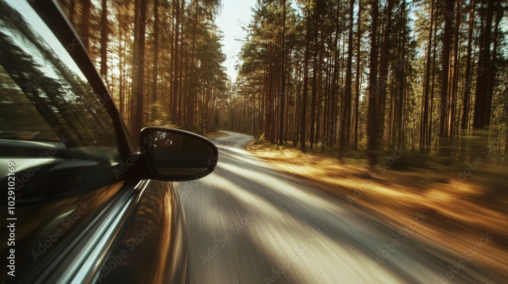 A sleek car speeds along a winding road that cuts through a dense forest, illuminated by the warm glow of the golden hour. Tall trees line the path, creating a serene yet dynamic atmosphere. A sleek car speeds along a winding road that cuts through a dense forest, illuminated by the warm glow of the golden hour. Tall trees line the path, creating a serene yet dynamic atmosphere.