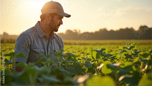 A farmer's inspection of soybean plants in a field that receives sunlight. Idea Field inspection, farming techniques, crop health assessment, agriculture practices, and soybean cultivation 
