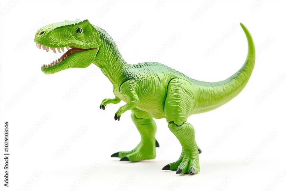Obraz premium A vibrant green toy dinosaur, resembling a T-Rex, posed dynamically against a white background.