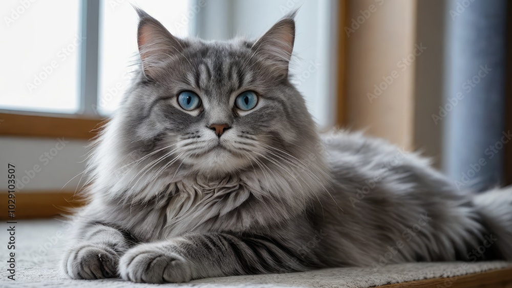 Blue siberian cat laying on the floor indoor