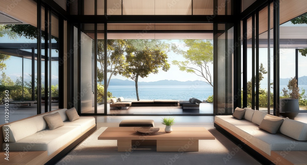 Spacious modern living room with lake view, featuring minimalist decor and natural lighting. Spacious modern living room with lake view, featuring minimalist decor and natural lighting.