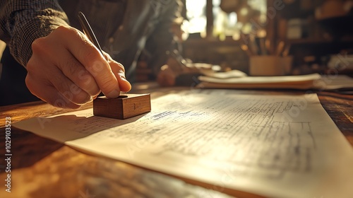 A hand stamping a contract with a traditional rubber stamp, the ink imprint fresh on the document, sunlight casting soft shadows across the desk, creating a clean and professional workspace.