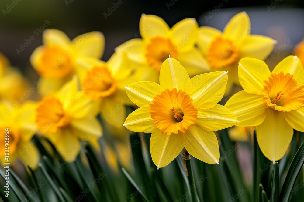 A meadow filled with wild Narcissus plants, their bright yellow flowers swaying in the breeze, creating a vibrant sea of color in the heart of spring A meadow filled with wild Narcissus plants, their bright yellow flowers swaying in the breeze, creating a vibrant sea of color in the heart of spring